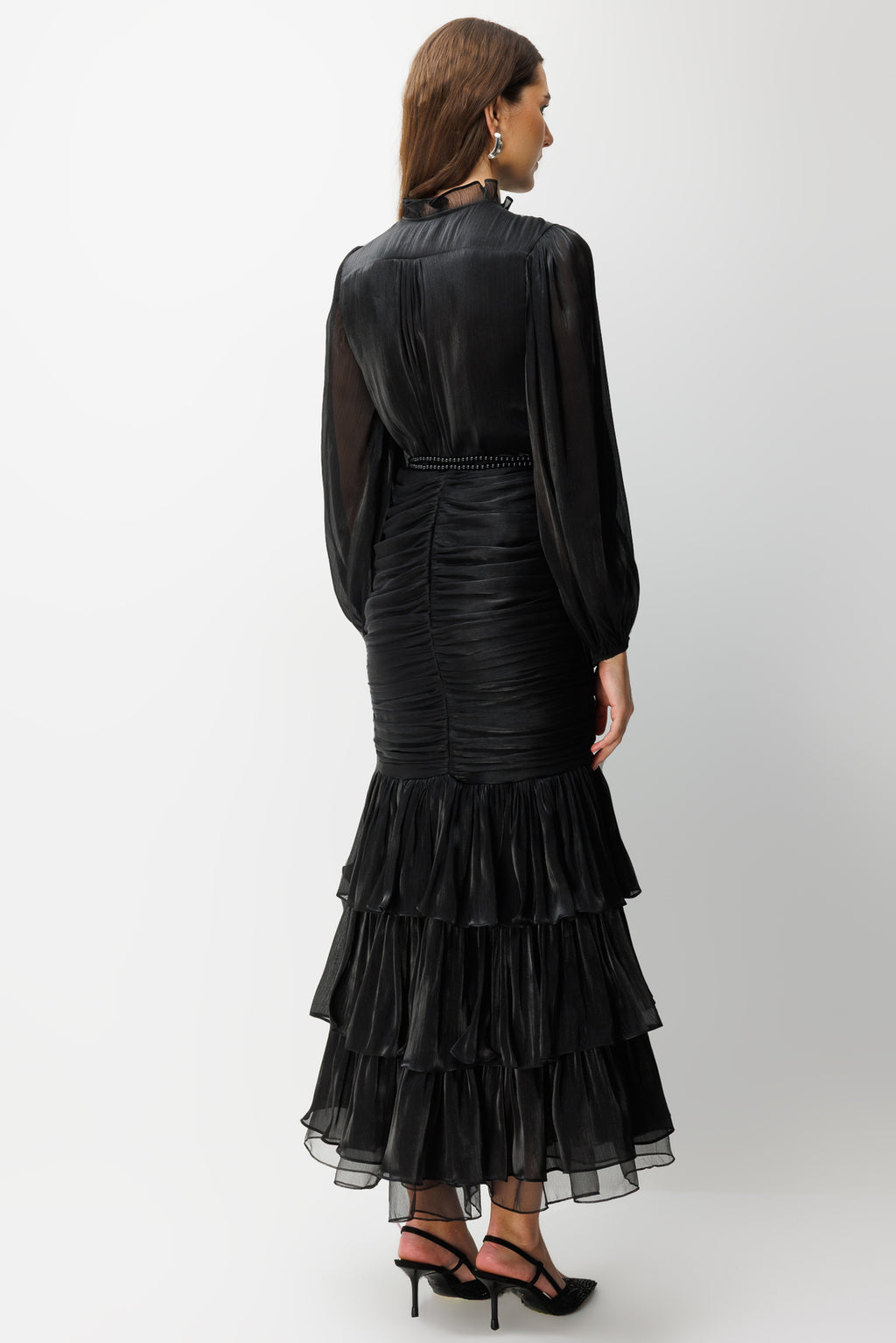 Elowen Ruffle Tie Neck Ruched Midi-Black