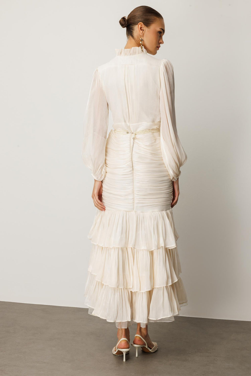 Elowen Ruffle Tie Neck Ruched Midi-White