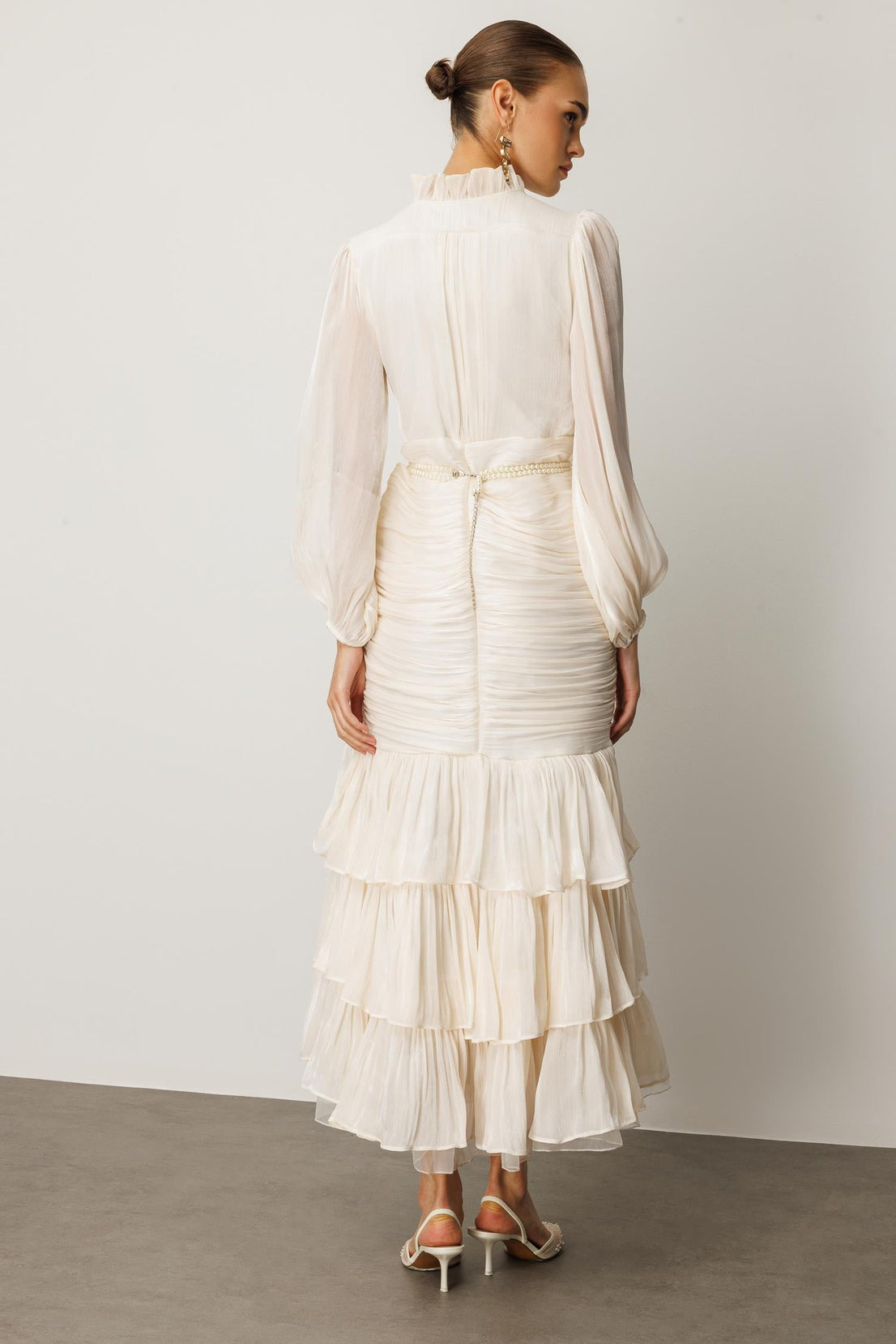 Elowen Ruffle Tie Neck Ruched Midi-White