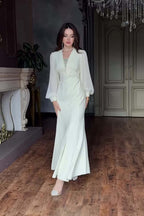 Elowen Pleated Balloon Sleeve Mermaid Maxi-White