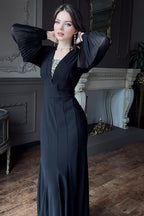 Elowen Pleated Balloon Sleeve Mermaid Maxi-Black