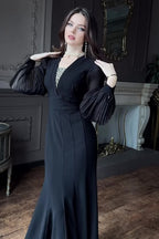 Elowen Pleated Balloon Sleeve Mermaid Maxi-Black