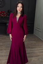 Elowen Pleated Balloon Sleeve Mermaid Maxi-Red