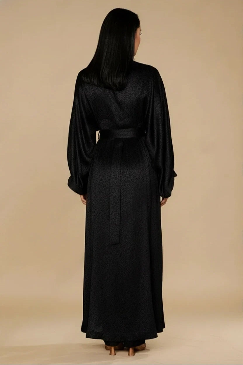 Celeste Pleated Neck Satin Maxi Dress-Black