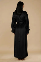 Celeste Pleated Neck Satin Maxi Dress-Black