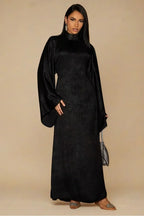 Celeste Pleated Neck Satin Maxi Dress-Black