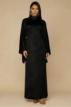 Celeste Pleated Neck Satin Maxi Dress-Black