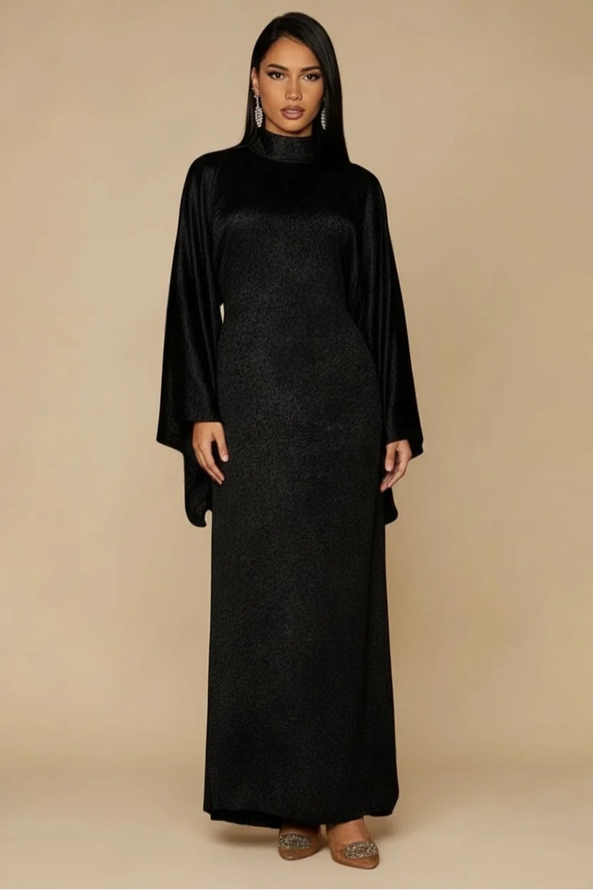 Celeste Pleated Neck Satin Maxi Dress-Black