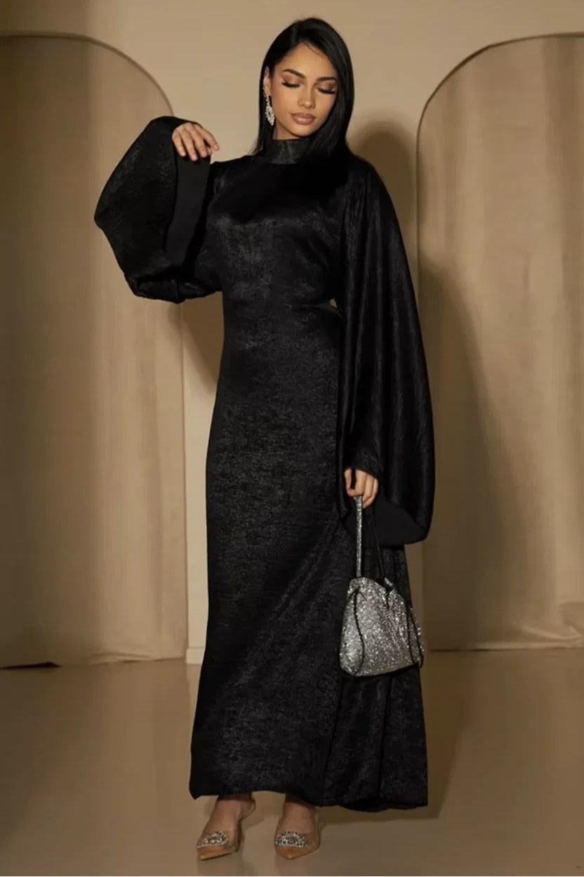 Celeste Pleated Neck Satin Maxi Dress-Black