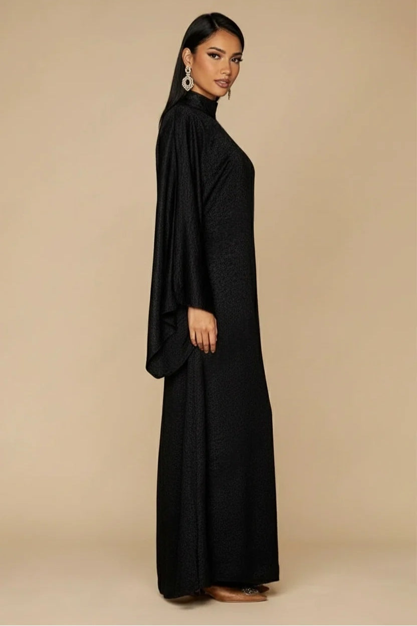 Celeste Pleated Neck Satin Maxi Dress-Black