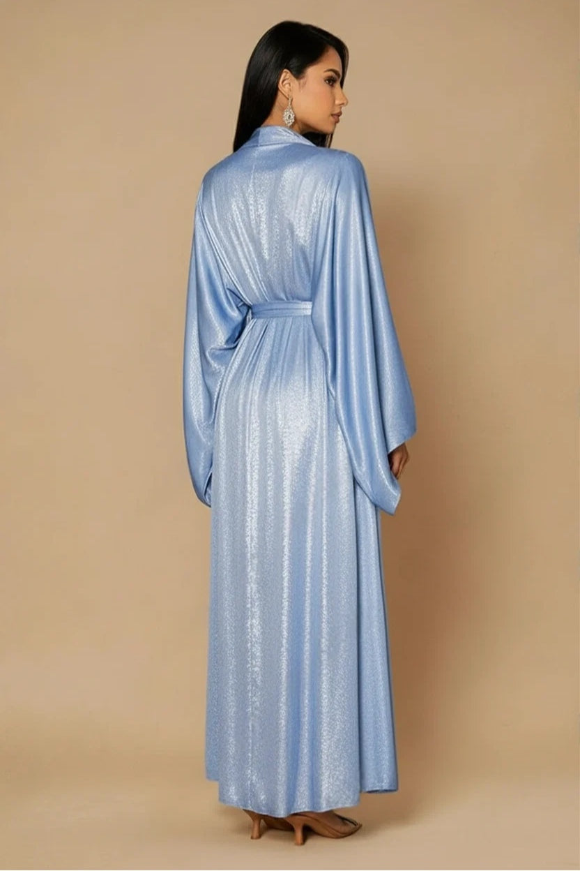 Celeste Pleated Neck Satin Maxi Dress-Blue