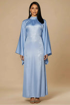 Celeste Pleated Neck Satin Maxi Dress-Blue