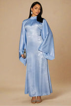 Celeste Pleated Neck Satin Maxi Dress-Blue