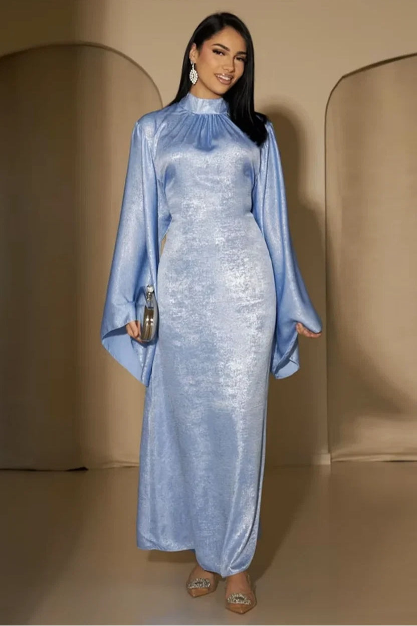 Celeste Pleated Neck Satin Maxi Dress-Blue