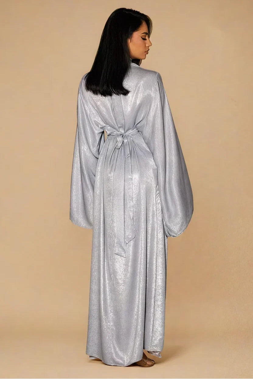 Celeste Pleated Neck Satin Maxi Dress-Grey