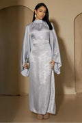 Celeste Pleated Neck Satin Maxi Dress-Grey