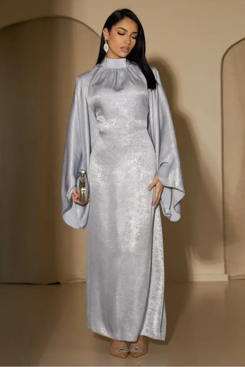 Celeste Pleated Neck Satin Maxi Dress-Grey