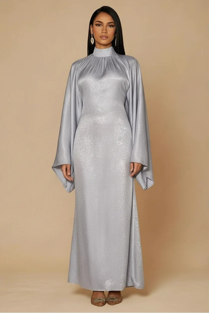 Celeste Pleated Neck Satin Maxi Dress-Grey