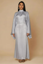 Celeste Pleated Neck Satin Maxi Dress-Grey
