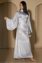 Celeste Pleated Neck Satin Maxi Dress-Grey