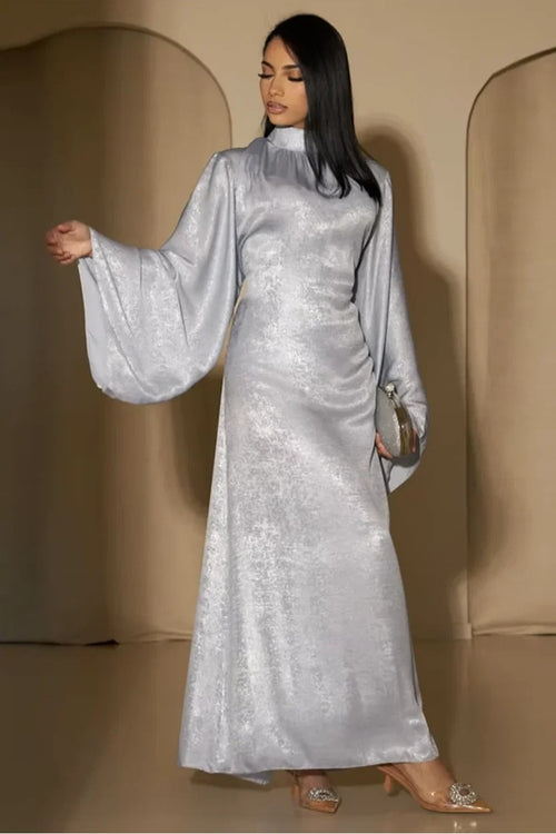 Celeste Pleated Neck Satin Maxi Dress-Grey