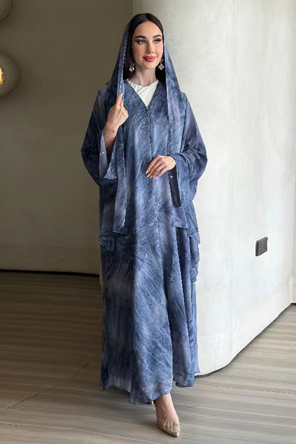 Laila Printed Abaya With Matching Headscarf-Blue