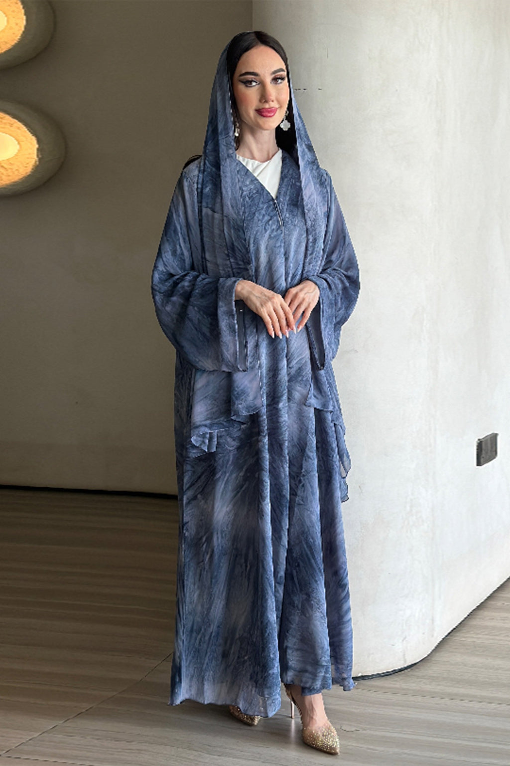 Laila Printed Abaya With Matching Headscarf-Blue