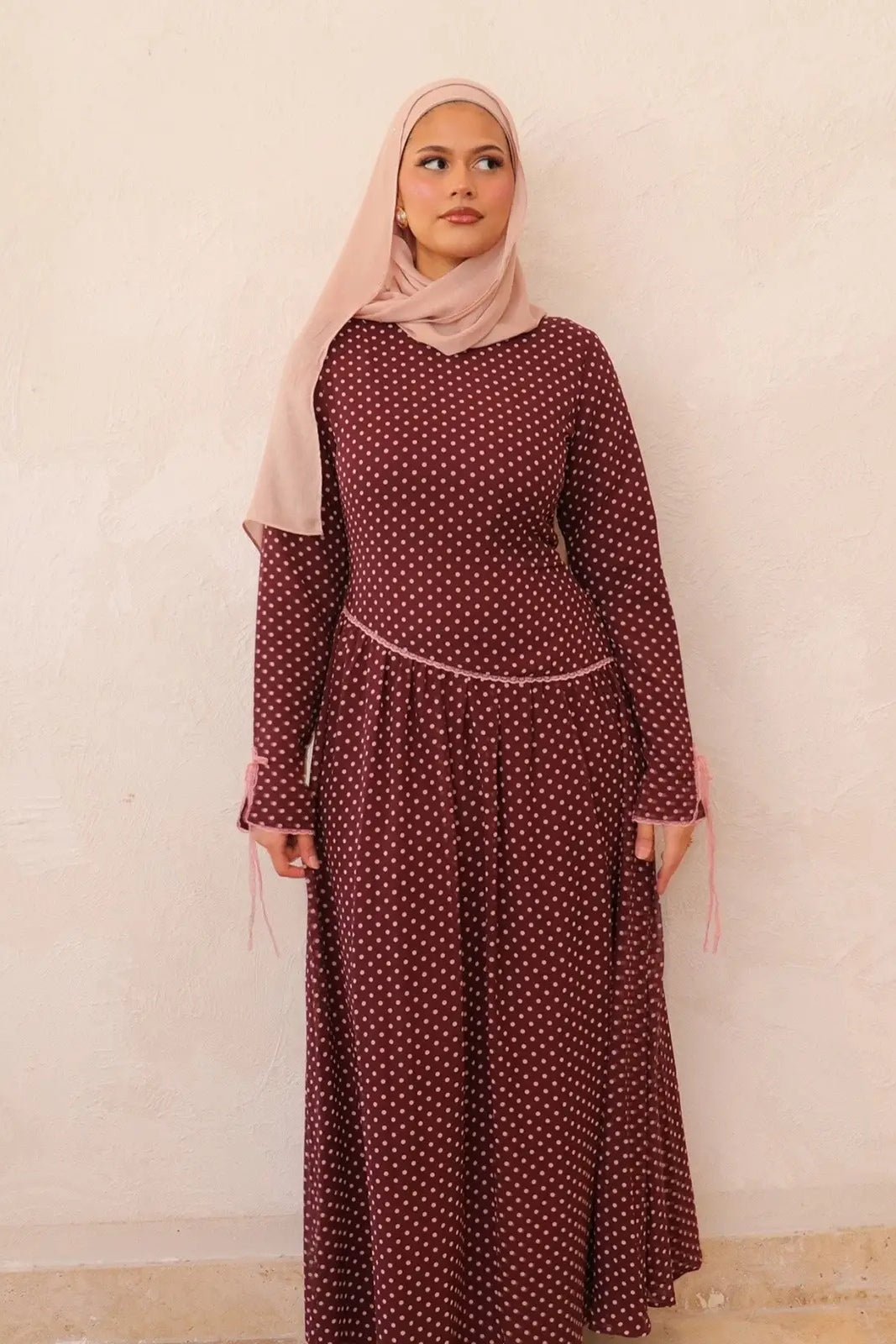 Zoya Asymmetric Lace-Trim Polka-Dot Maxi-Wine