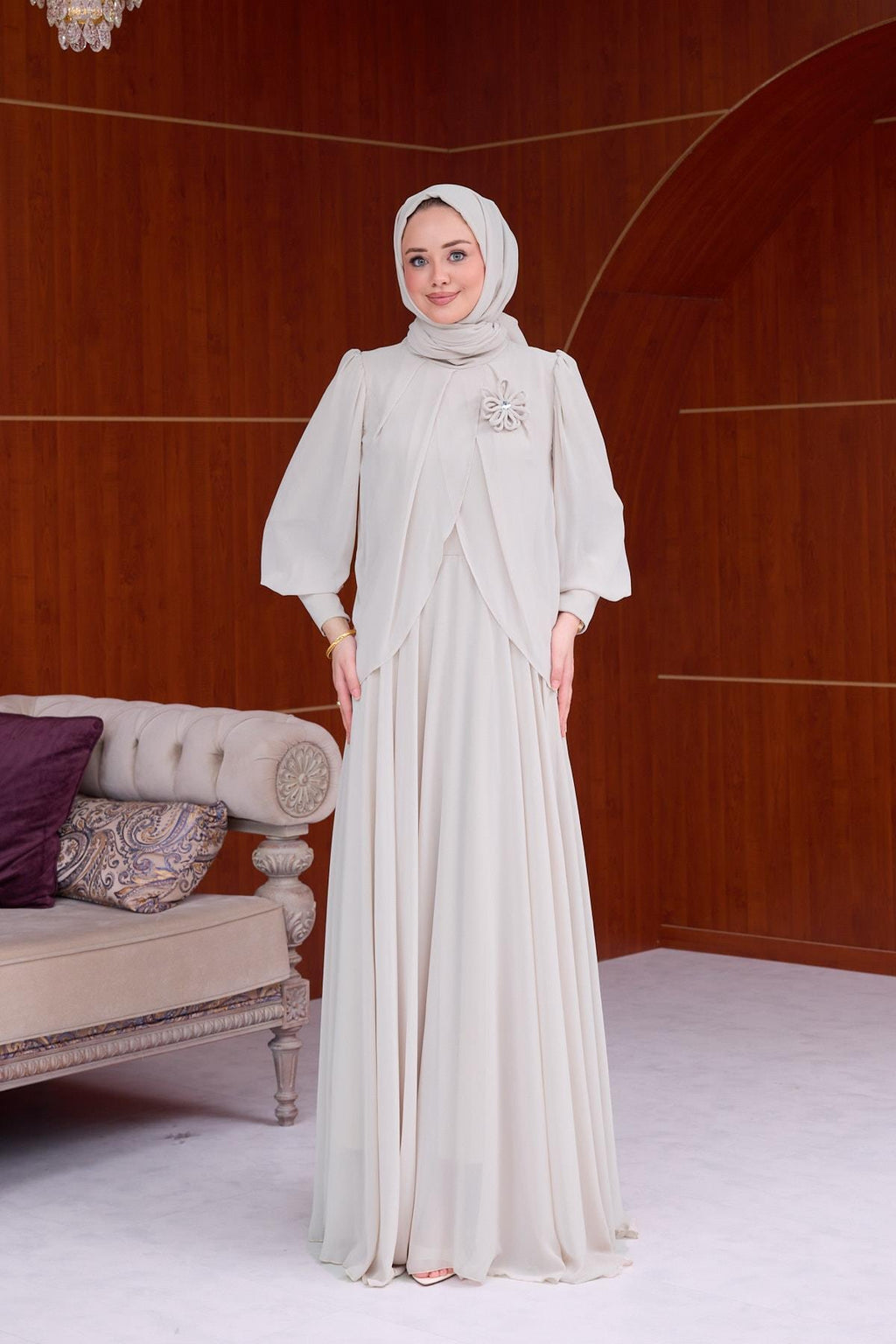 Sophia Chiffon Layered Applique Maxi Dress-Grey