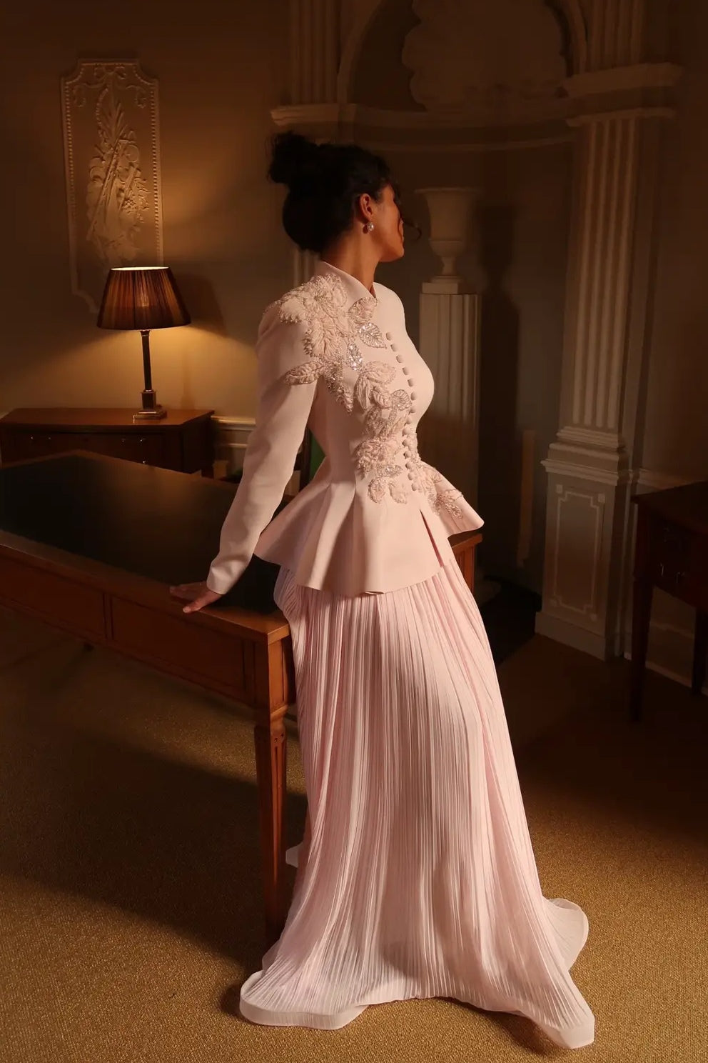 Embellished Peplum Jacket & Pleated Skirt Two-Piece Set-Pink