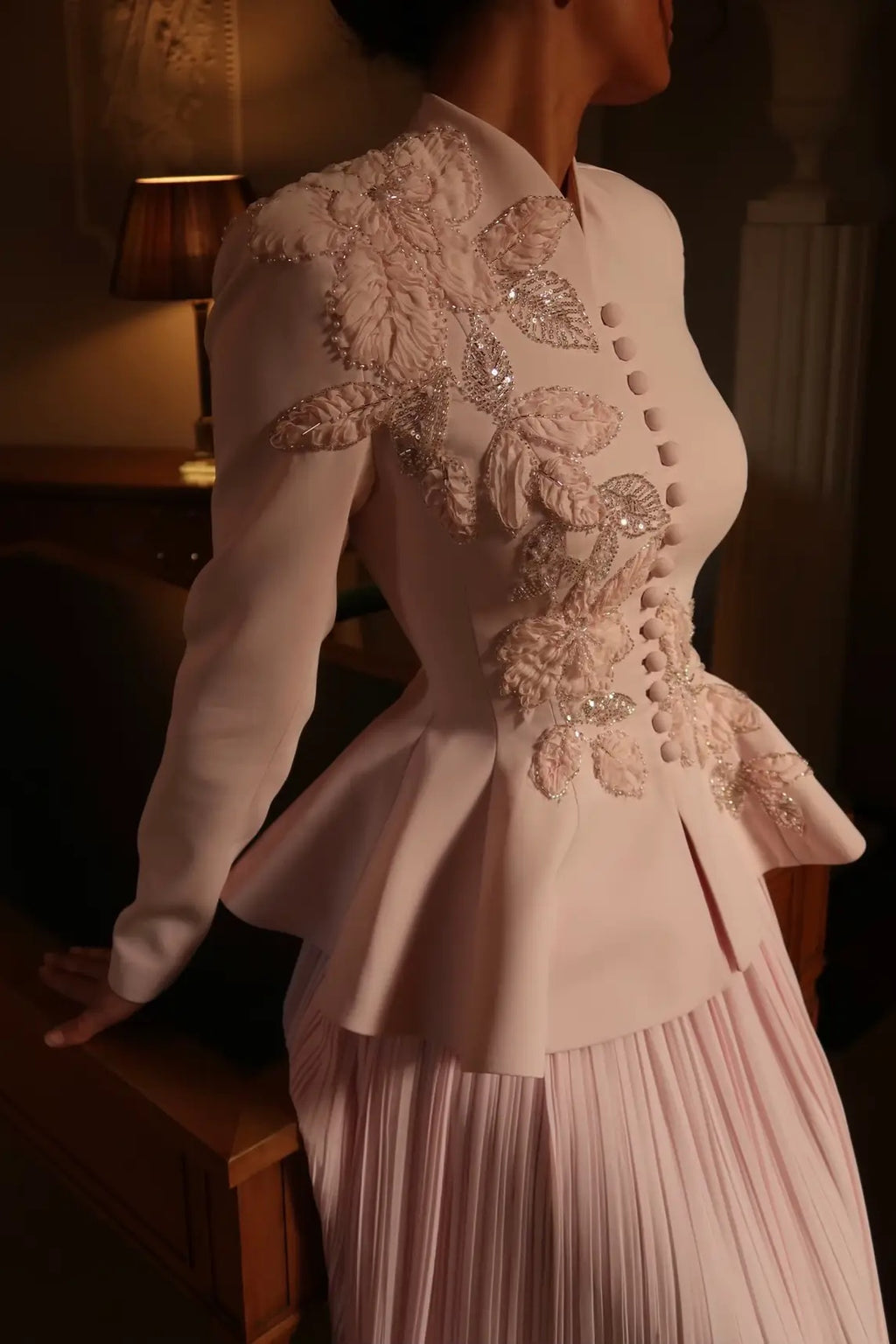 Embellished Peplum Jacket & Pleated Skirt Two-Piece Set-Pink
