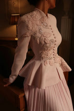 Embellished Peplum Jacket & Pleated Skirt Two-Piece Set-Pink