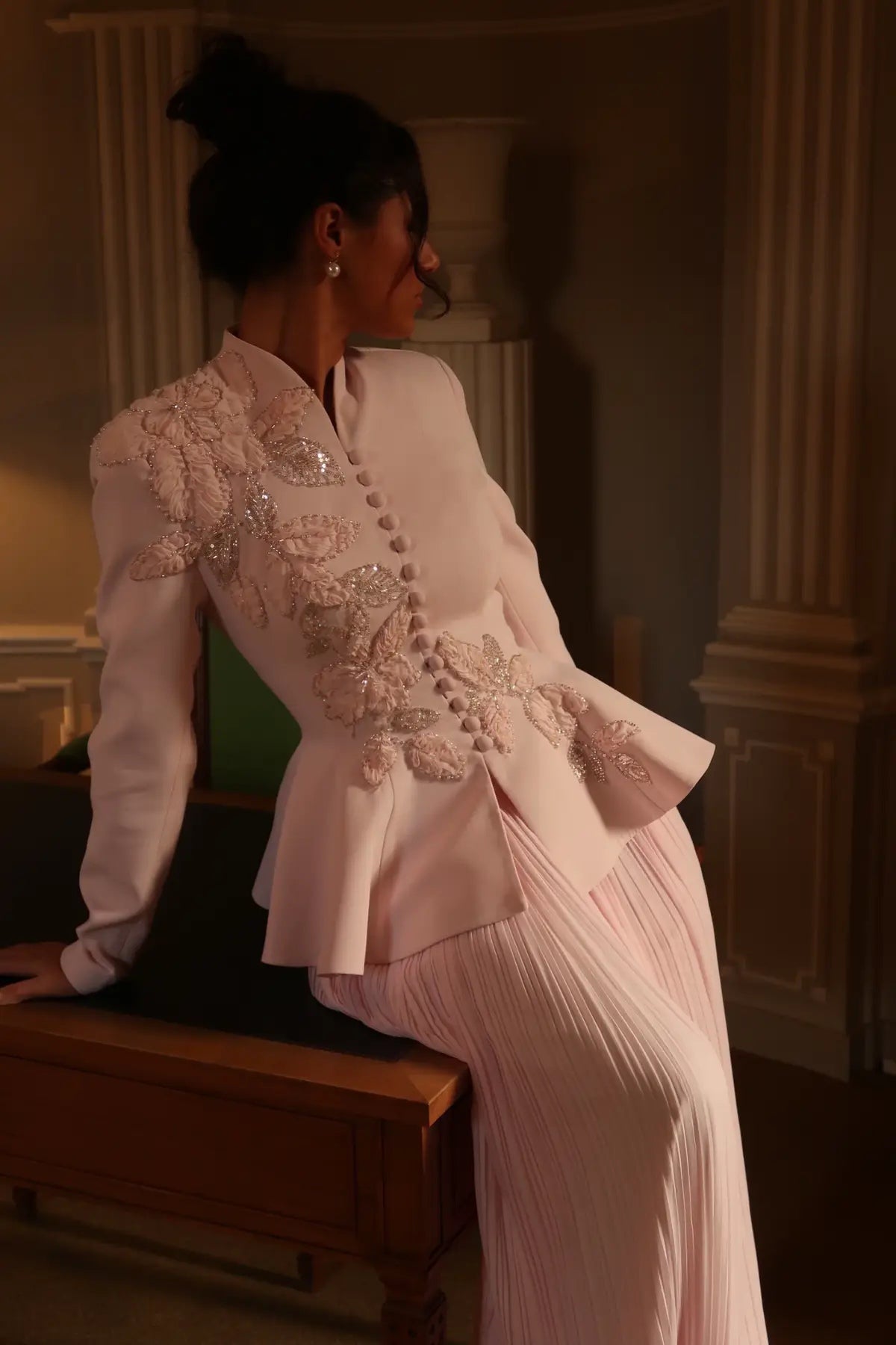 Embellished Peplum Jacket & Pleated Skirt Two-Piece Set-Pink