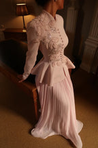 Embellished Peplum Jacket & Pleated Skirt Two-Piece Set-Pink