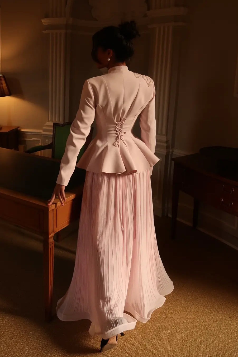 Embellished Peplum Jacket & Pleated Skirt Two-Piece Set-Pink