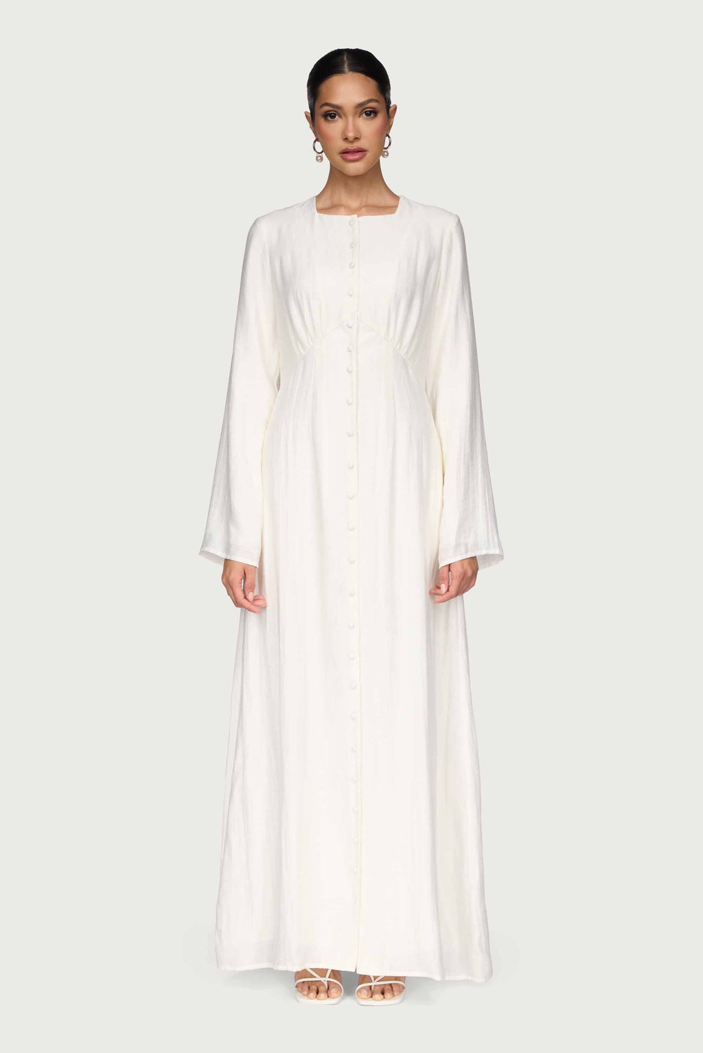 Linen Blend Button Front Maxi Dress - Off White
