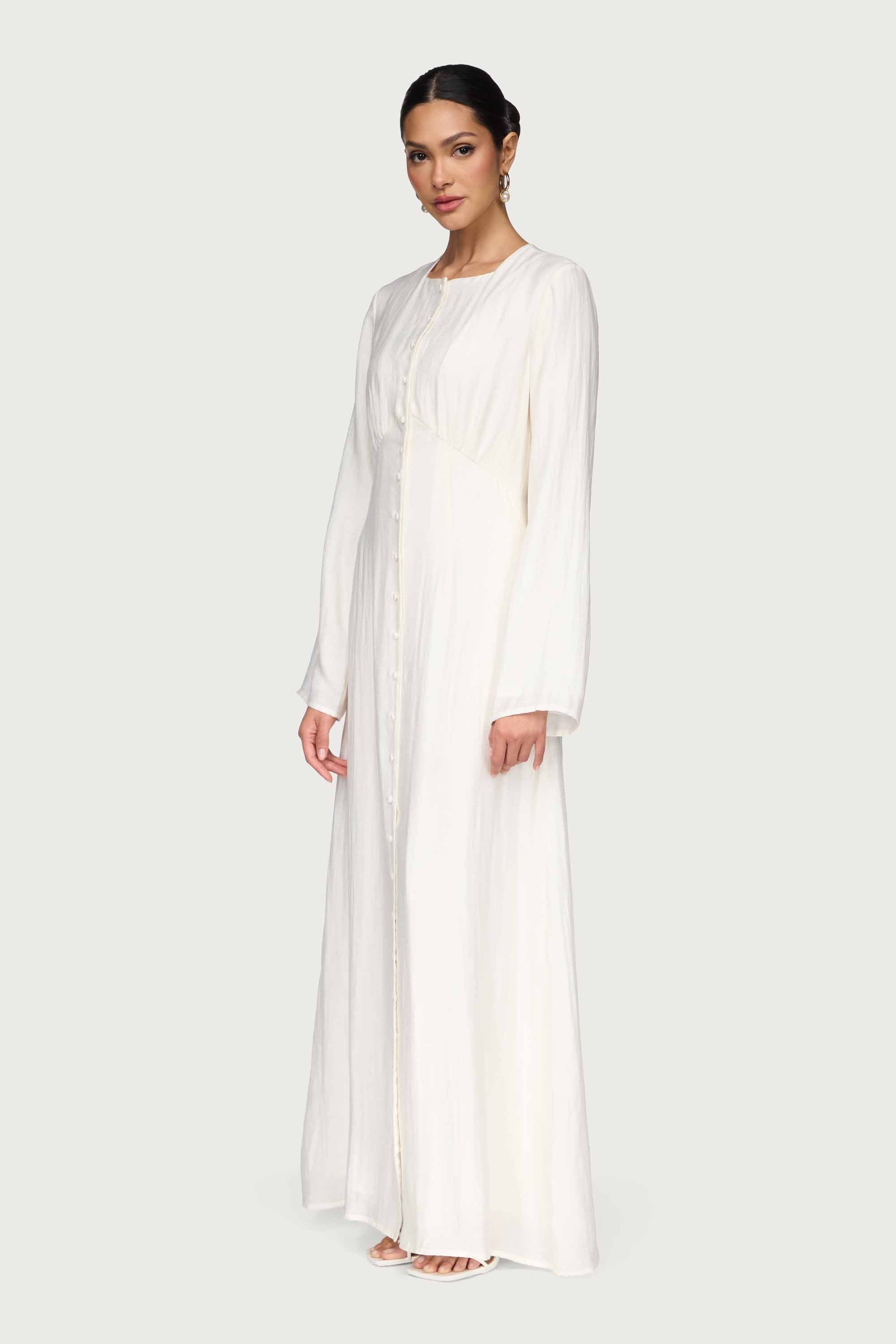 Linen Blend Button Front Maxi Dress - Off White