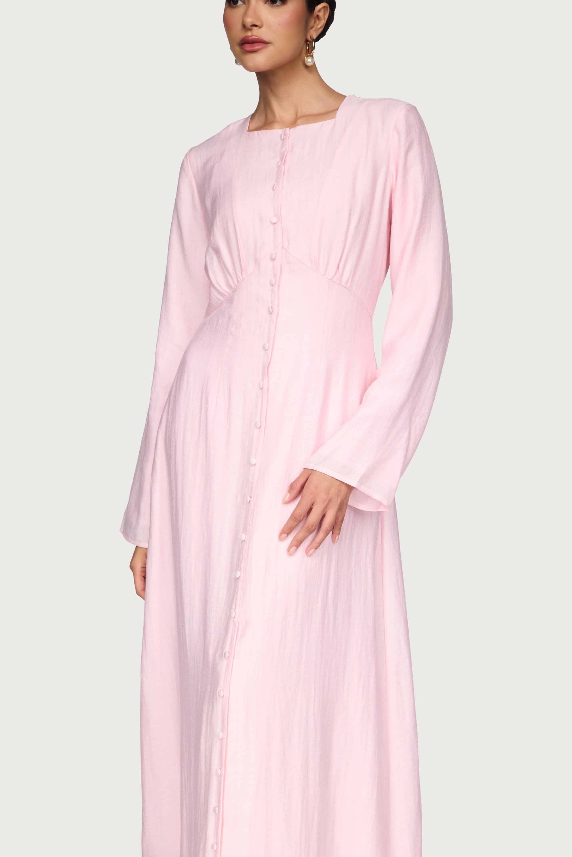 Linen Blend Button Front Maxi Dress - Pastel Pink
