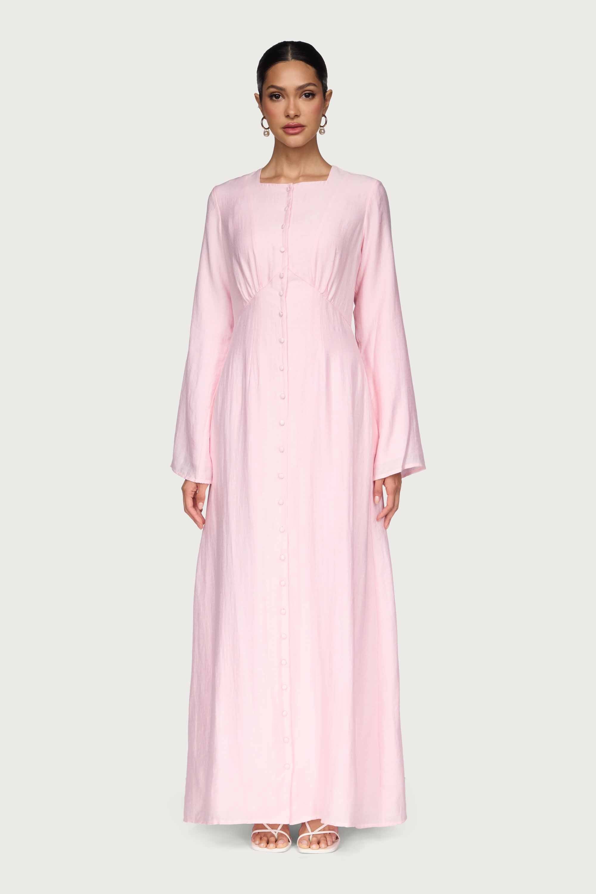 Linen Blend Button Front Maxi Dress - Pastel Pink