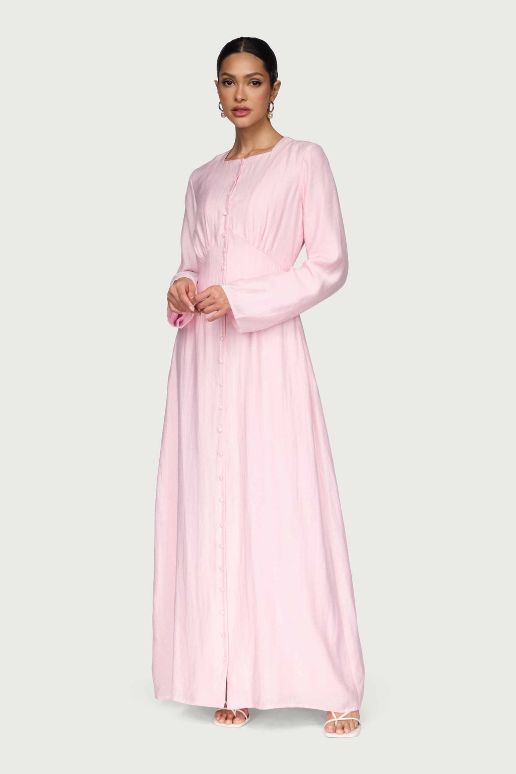Linen Blend Button Front Maxi Dress - Pastel Pink