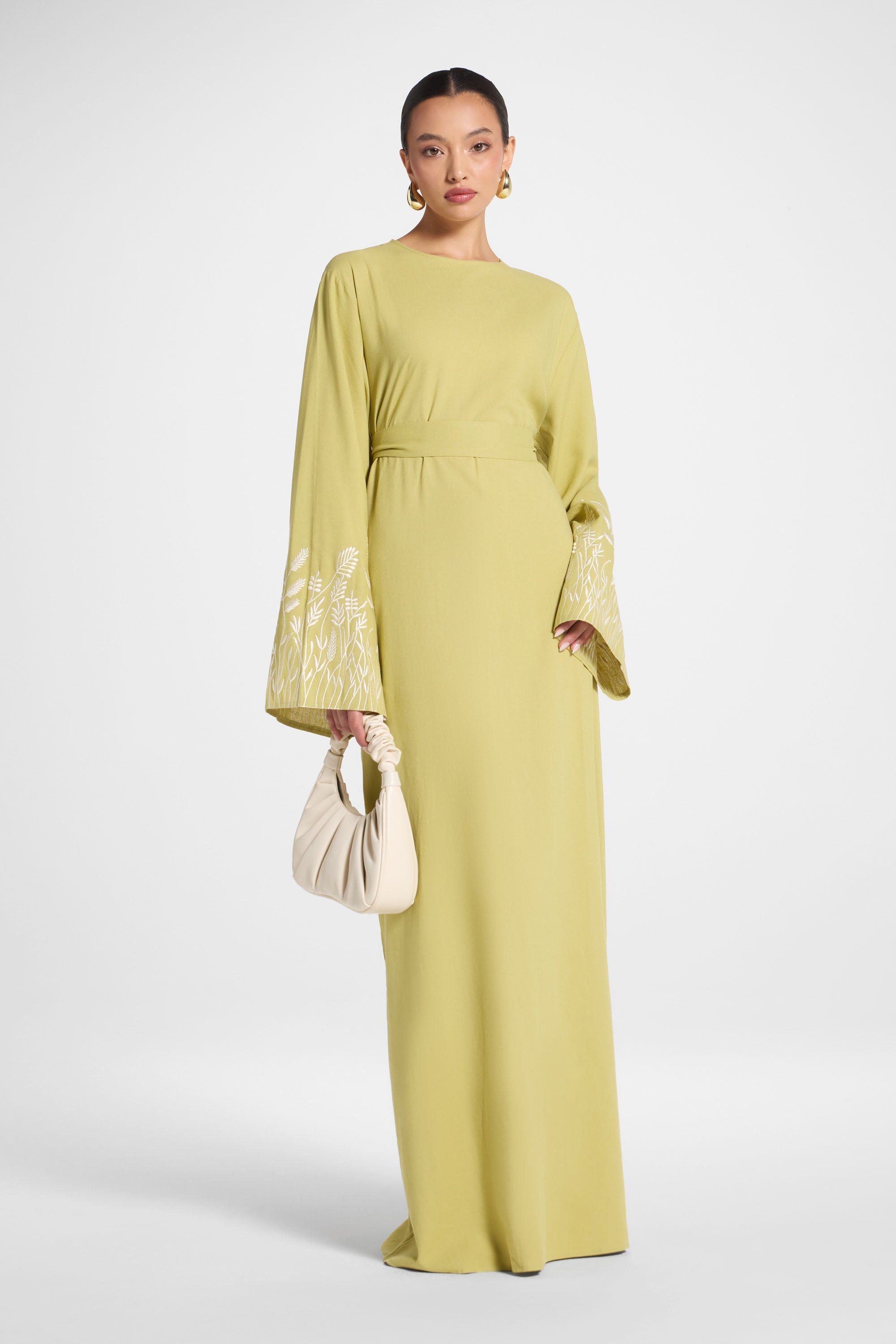 Linen Embroidered Maxi Dress - Citron