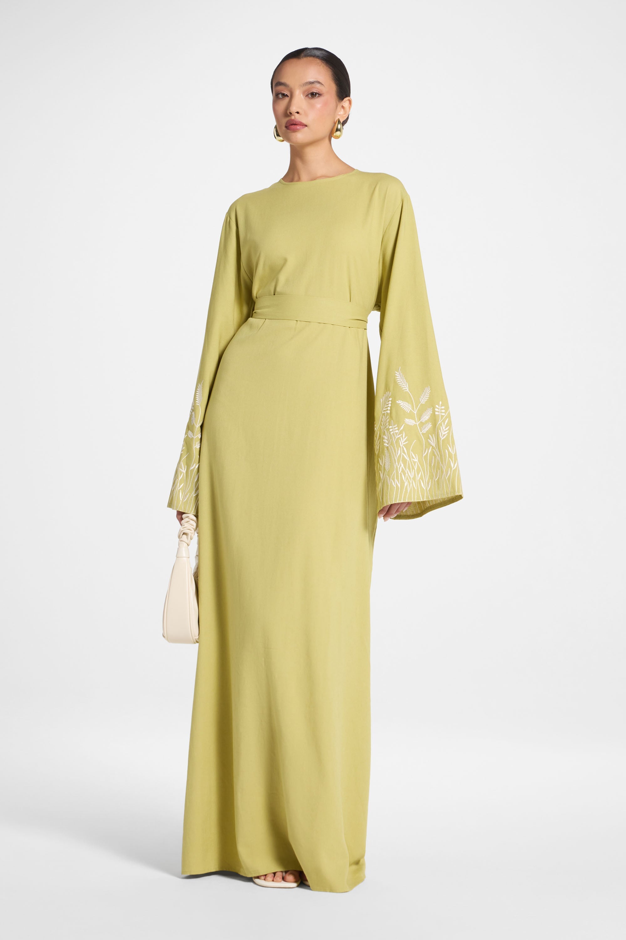 Linen Embroidered Maxi Dress - Citron