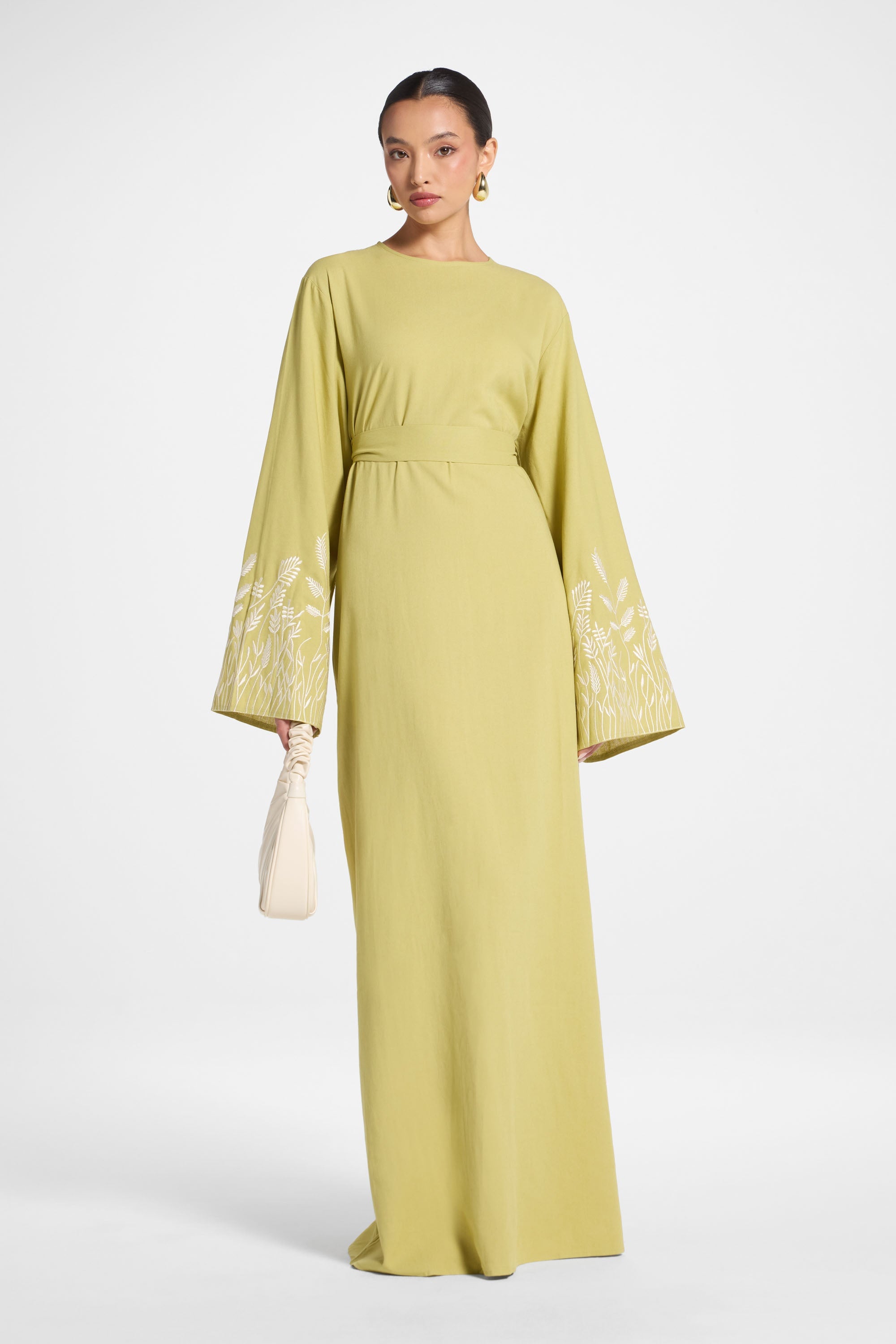 Linen Embroidered Maxi Dress - Citron