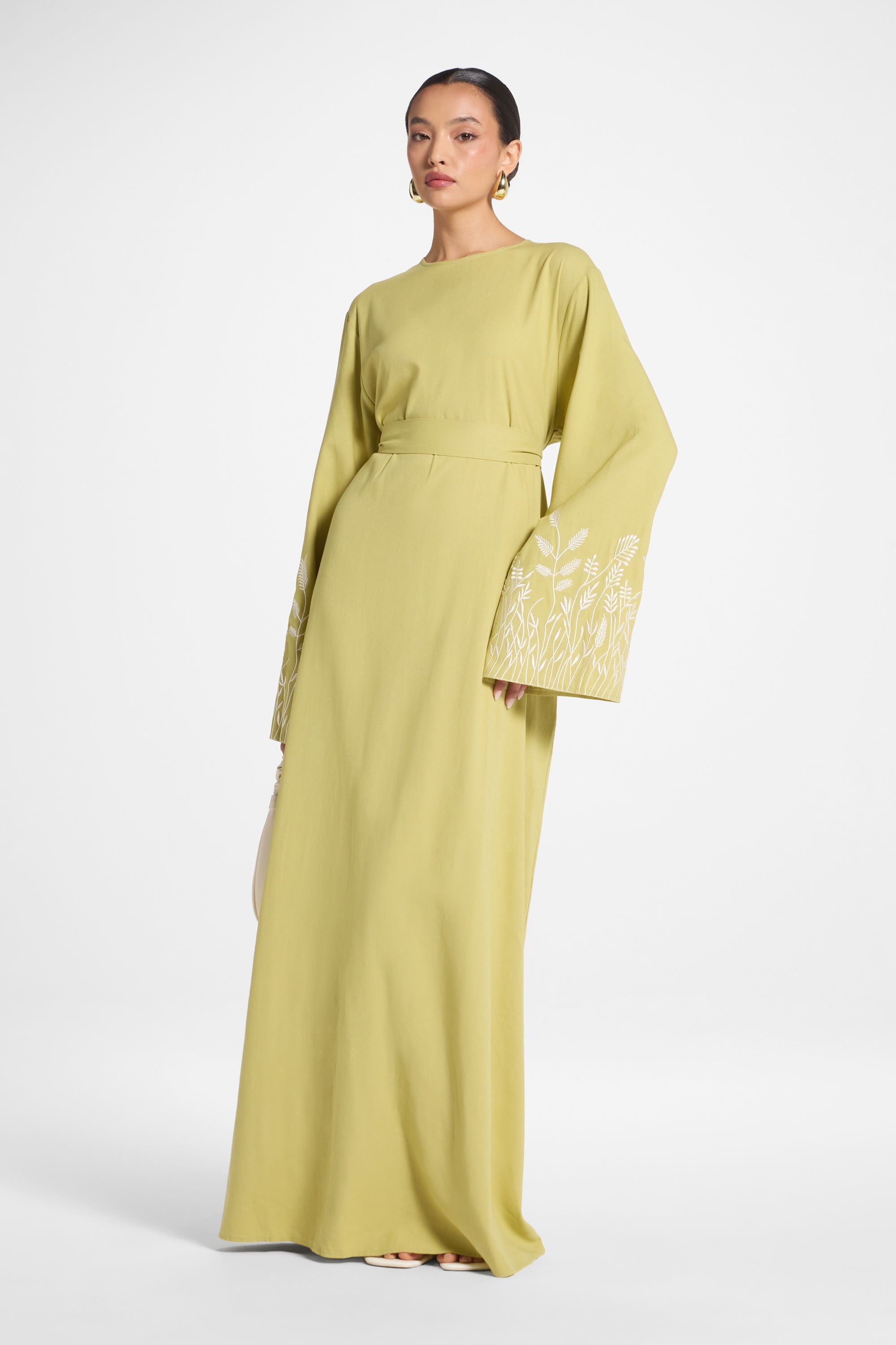 Linen Embroidered Maxi Dress - Citron