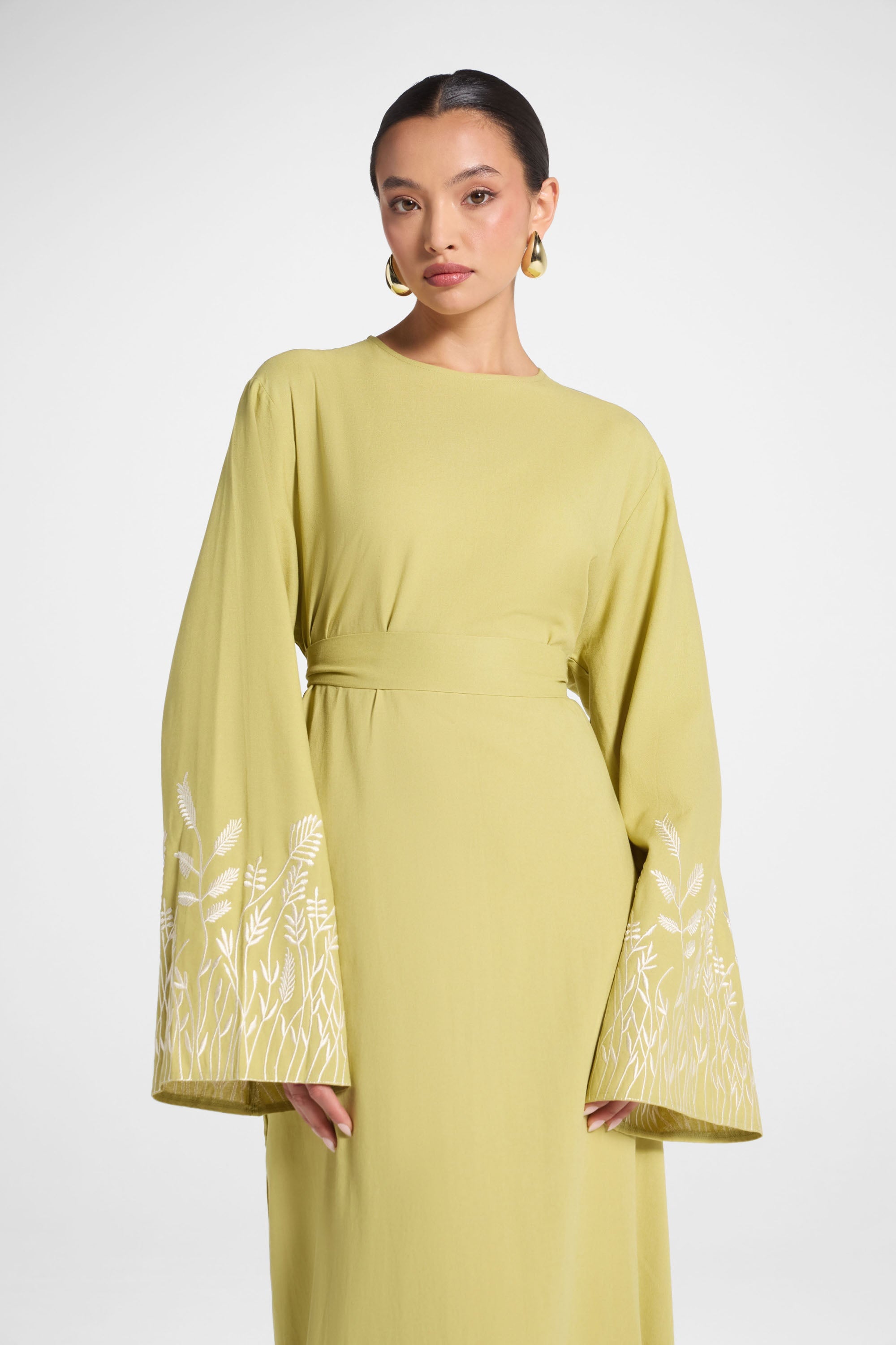 Linen Embroidered Maxi Dress - Citron
