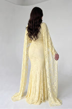 Lila Cape Sleeve Lace Mermaid Maxi Dress-Yellow