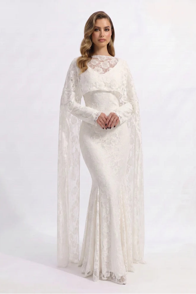Lila Cape Sleeve Lace Mermaid Maxi Dress-White