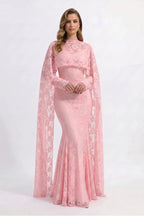 Lila Cape Sleeve Lace Mermaid Maxi Dress-Pink