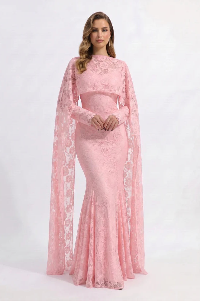 Lila Cape Sleeve Lace Mermaid Maxi Dress-Pink