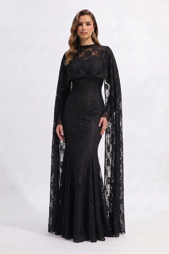 Lila Cape Sleeve Lace Mermaid Maxi Dress-Black